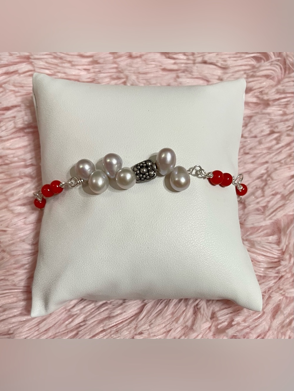 Hand made Red Coral /Silver Freshwater Pearl 4mm bracelet Size:7 inch/ extin 8”